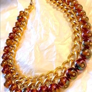 Vintage Glass Bead Necklace Pink MOP Gold Tone